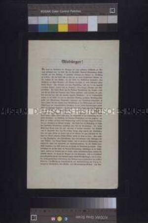 Flugschrift: Mitbürger! Steuerverweigerungsbeschluss und Protest der Abgeordneten der Nationalversammlung nach dem preußischen Staatsstreich; Berlin, 27. November 1848