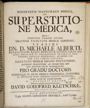 Dissertatio Inauguralis Medica, De Superstitione Medica