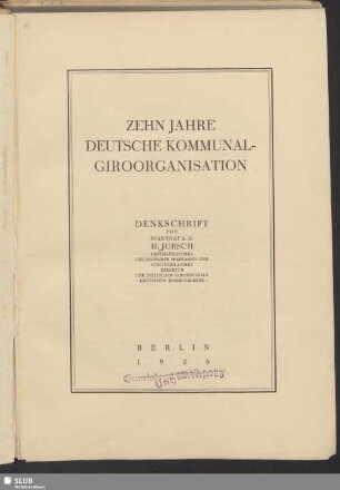 Zehn Jahre Deutsche Kommunalgiroorganisation : Denkschrift