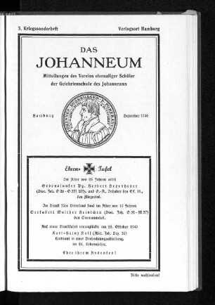 3.1940: Johanneum / Kriegssonderheft : Mitteilungen des Vereins ehemaliger Schüler der Gelehrtenschule des Johanneums