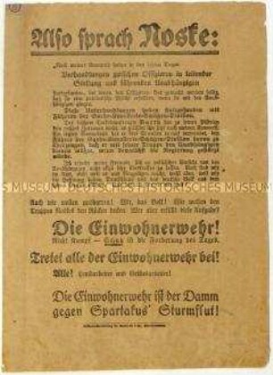Aufruf zum Eintritt in die Einwohnerwehr im Zuge des Januaraufstandes 1919 in Berlin