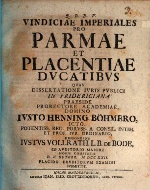 Vindiciae Imperiales Pro Parmae Et Placentiae Dvcatibvs