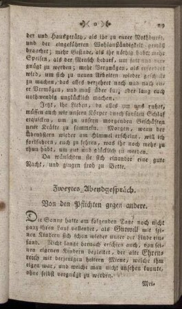 Zweytes Abendgespräch. Von den Pflichten gegen andere.