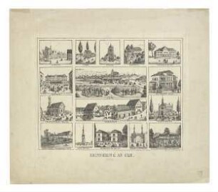 Ulm von Südwesten und 16 Einzelansichten Ulms. 1871. Sammelblatt mit 16 Motiven.