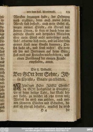 Die 8. Andacht. Bey Gott dem Sohne, Jesu Christo, Gnade zu erbitten.