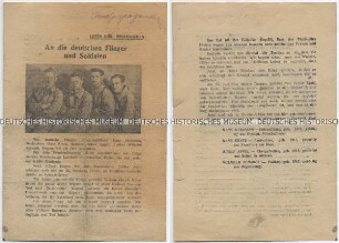 Kriegsflugblatt der sowjetischen Streitkräfte ausn der Reihe "Auslands-Nachrichten" mit Appell desertierter Wehrmachtsangehöriger und handschriftlichem Vermerk "Feindpropaganda"