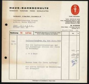 Firmenbriefkopf Haus - Bahnschulte, Fernsehen - Rundfunk - Phono - Schallplatten