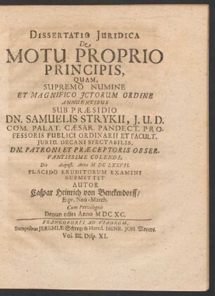 Dissertatio Iuridica De Motu Proprio Principis