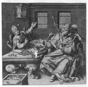 Allegorie auf Reichtum und Tod : Allegorie auf Reichtum und Tod. Kupferstich; 234 x 237 mm. Dresden: Kupferstich-Kabinett B 1980 a, 4 Nr. 90