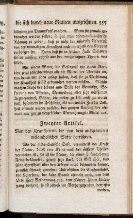 Zweyter Artikel. Von den Krankheiten, die von dem ausgearteten melancholischen Safte herrühren.