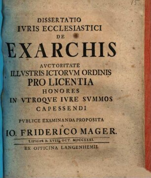 Dissertatio iuris ecclesiastici de exarchis