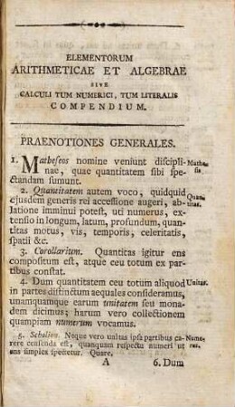 Elementorum Arithmeticae et Algebrae sive Calculi, tum numerici tum literalis Compendium