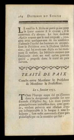 Traité De Paix Conclu entre Monsieur le Président & Monsieur le Professeur