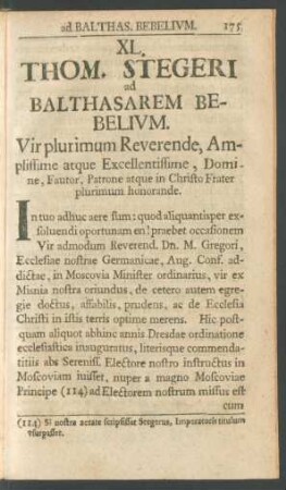 XL. Thom. Stegeri ad Balthasarem Bebelium