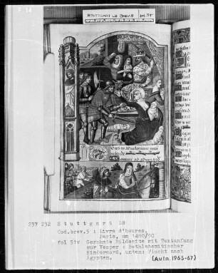 Lateinisches Stundenbuch (Livre d'heures) — Bildseite mit Textanfang und zwei Miniaturen, Folio 51verso
