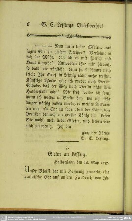 3. Gleim an Lessing. Halberstadt, den 16. May 1757