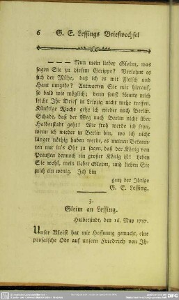 3. Gleim an Lessing. Halberstadt, den 16. May 1757