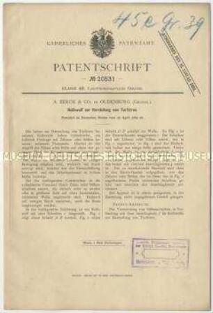 Patentschrift eines Reißwolfes zur Herstellung von Torfstreu, Patent-Nr. 20531