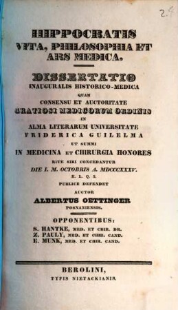 Hippocratis vita, philosophia et ars medica : Diss. inaug. hist. med.
