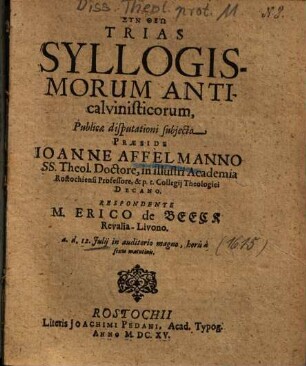Trias Syllogismorum Anticalvinisticorum