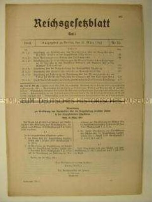 Reichsgesetzblatt, u.a. über die Neugestaltung deutscher Städte in den Ostgebieten, zur Zollerleicherungen für slowakische Waren und über entjudete Gewerbebetriebe
