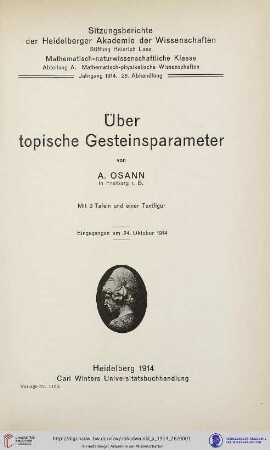 1914, 26. Abhandlung: Sitzungsberichte der Heidelberger Akademie der Wissenschaften, Mathematisch-Naturwissenschaftliche Klasse: Abteilung A, Mathematisch-physikalische Wissenschaften: Über topische Gesteinsparameter