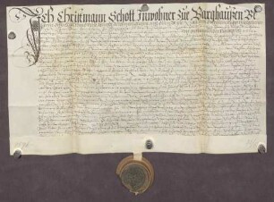 Gültbrief des Christmann Schott gegen die Amtskellerei zu Durlach, unter Verpfändung von Gütern zu Berghausen