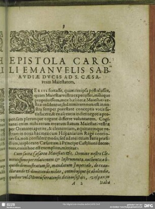 Epistola Caroli Emanuelis Sabaudiae Ducis Ad S. Caesaream Maiestatem