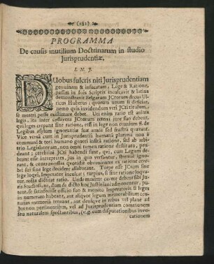 Programma De causis inutilium Doctrinarum in studio Iurisprudentiae.