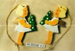 Seiffener Christbaumschmuck: 3 Engel, flach, mit Baum