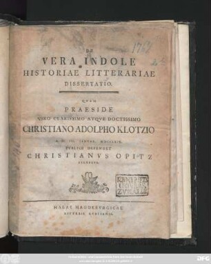 De Vera Indole Historiae Litterariae Dissertatio