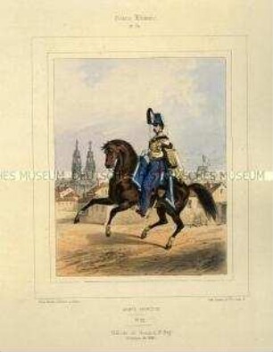 Uniformdarstellung, Offizier des 8. Husaren-Regiments, Königreich Frankreich, 1840. Tafel Nr. 74 aus: Galerie Militaire.