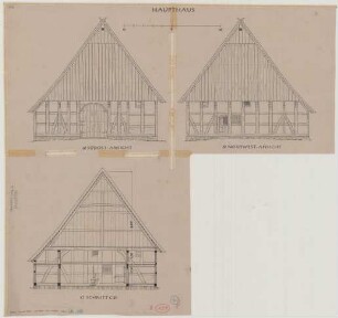 Veltheim (Kreis Minden): Hof Tellermann. Haupthaus (Nordwestansicht, Südostansicht, Querschnitt)