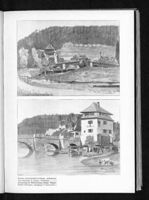 Brücke und Ölmühle in Hirsau. Perspektivische Ansichten.