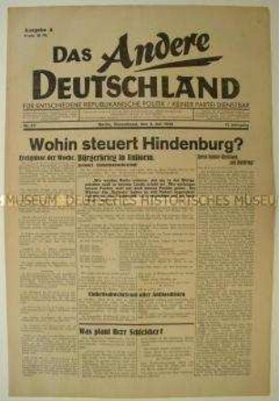 Pazifistische Wochenzeitung "Das Andere Deutschland" u.a. zur Aufhebung des Uniformverbotes