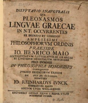 Dispvtatio Inavgvralis Qva Pleonasmos Lingvae Graecae In N. T. Occvrrentes