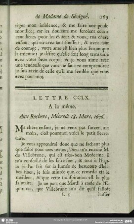 Lettre CCLX. A la même. Aux Rochers, Mécredi 18. Mars, 1676