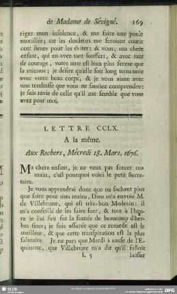 Lettre CCLX. A la même. Aux Rochers, Mécredi 18. Mars, 1676