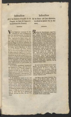 Instruction pour les Commis d'Accises & de Péages, au sujet de l'approvisionnement des Armées : Fait & arrêté à Berlin, ce 9 Avril 1778