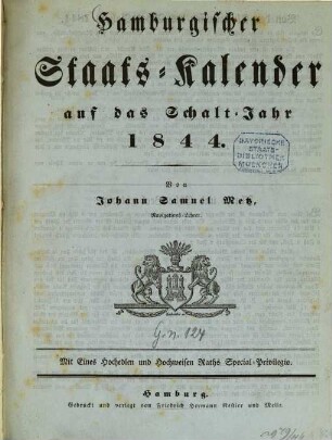Hamburgischer Staats-Kalender : auf das Jahr .... 1844