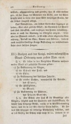 III.) Auszug aus der königl. württembergischen Maas-Ordnung vom 30sten Nov. 1806