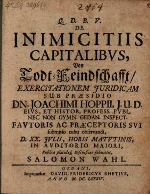 De inimicitiis capitalibus, von Todt-Feindschafft