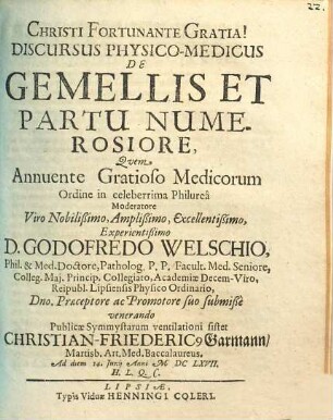 Discursus Physico-Medicus De Gemellis Et Partu Numerosiore