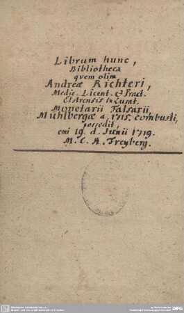 Librum hune, Bibliotheca quem olim Andrea Richteri...