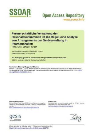 Partnerschaftliche Verwaltung der Haushaltseinkommen ist die Regel: eine Analyse von Arrangements der Geldverwaltung in Paarhaushalten