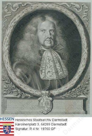 Ludwig VI. Landgraf v. Hessen-Darmstadt (1630-1678) / Porträt, linksvorblickendes Brustbild in Medaillon mit Wappen u. lateinischer Sockelinschrift