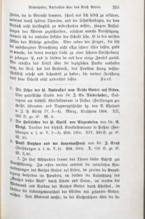 315-317 [Rezension] Niederhuber, Johannes E., Die Lehre des hl. Ambrosius vom Reiche Gottes auf Erden