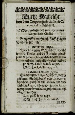 Kurtze Nachricht von dem Corpore juris civilis, & Canonici etc. überhaupt.