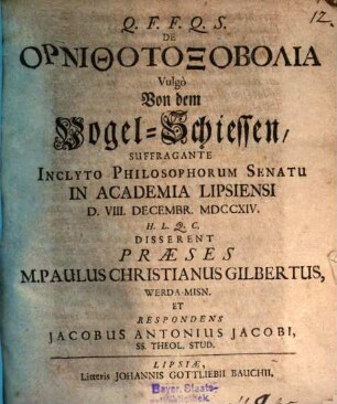 De Ornithotoxobolia, Vulgo Von dem Vogel-Schiessen