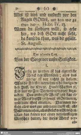 Der zehende Tag. Von der Sorge vor unsre Seeligkeit : zehende Tag. Von der Sorge vor unsre Seeligkeit